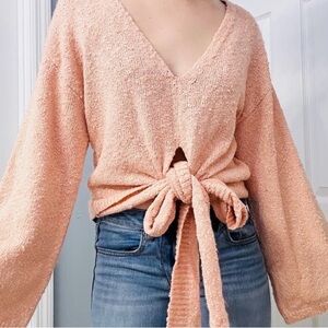 Mon Renn Cozy Cream Eventide Knit Jumper Sweater V-neck Flared Sleeve Wrap Bow S